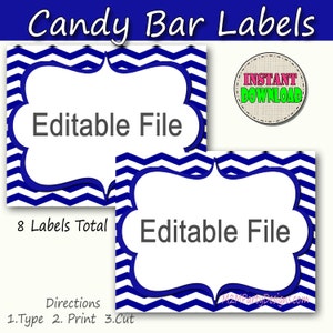 Candy Buffet Labels  Chevron Blue Print EDITABLE Card, Custom Candy, Popcorn, Snack, Ice Cream, Cookie Buffet Labels, Instant Download