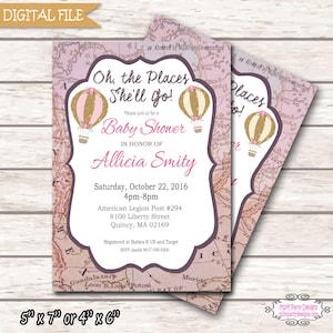 Oh the places you'll go invitation, oh the places she'll go,Girl baby shower, map invitation, Girl hot air balloon, Printable Digital File