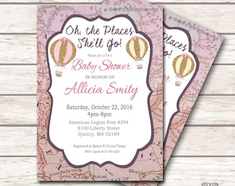 Oh the places you'll go invitation, oh the places she'll go,Girl baby shower, map invitation, Girl hot air balloon, Printable Digital File