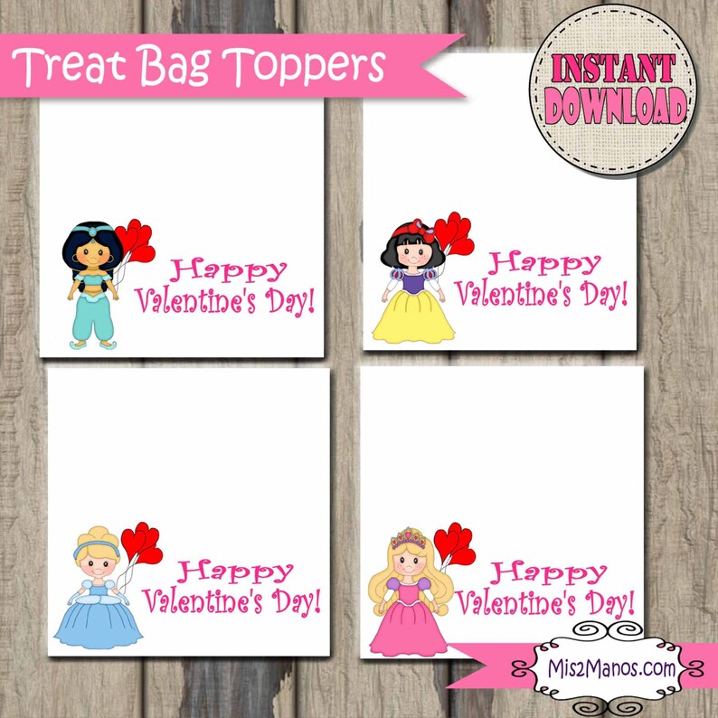 Princess Treat Bag Topper Candy Bag Favors Valentine's Day Printable Print At Home Valentine DIY image 1