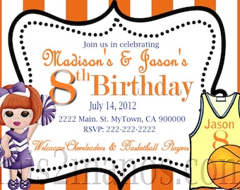 Basketball and Cheerleader Birthday Invitation PRINTABLE INVITATIONS Twins Birthday Party Invitations Print at home