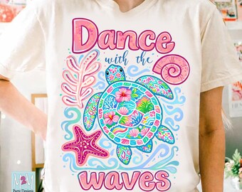 Sea Turtle PNG, Girly Beach Sublimation Design, Dance with the Waves Shirt Design, Summer Vibes, Tropical Floral Turtle, Instant Download