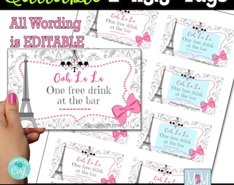 Paris Shower Tags- Raffle Ticket - Bridal Shower - Set of 8 Pink Instant Download Digital