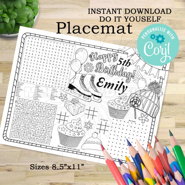 Skating Place Mat, Ice Skating Kids Activity Table Mat, Coloring Activity Placemat, Printable Birthday Activity Page, Instant Download