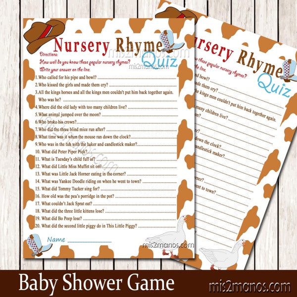 Nursery Rhyme Quiz Game Western Baby Shower Printable Baby Shower Game  Instant Download