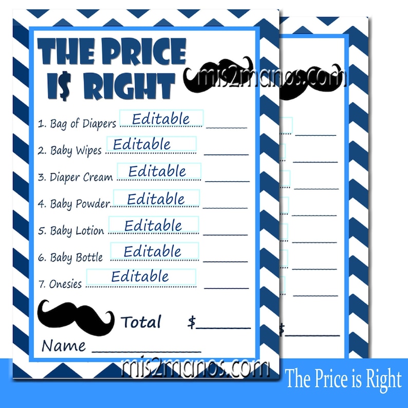 Set of 2 Instant Download Digital Blue Mustache EDITABLE Price Is Right Baby Shower Game