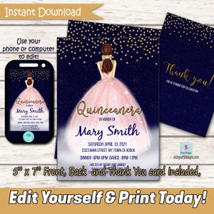 Sweet 15 Invitation, Quinceanera Invitation Starry Night Gold  Dress Glitter Editable Instant Download Quince Años Invitation-Digital File