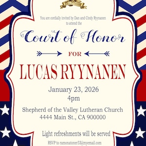 Boy Court of Honor Ceremony Invitation, Photo Invite, Digital Download, Done for you, Girl.