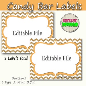 Etichette per buffet di caramelle Chevron Gold Print Carta EDITABLE, Caramelle personalizzate, Popcorn, Snack, Gelato, Etichette per buffet di biscotti, Download istantaneo
