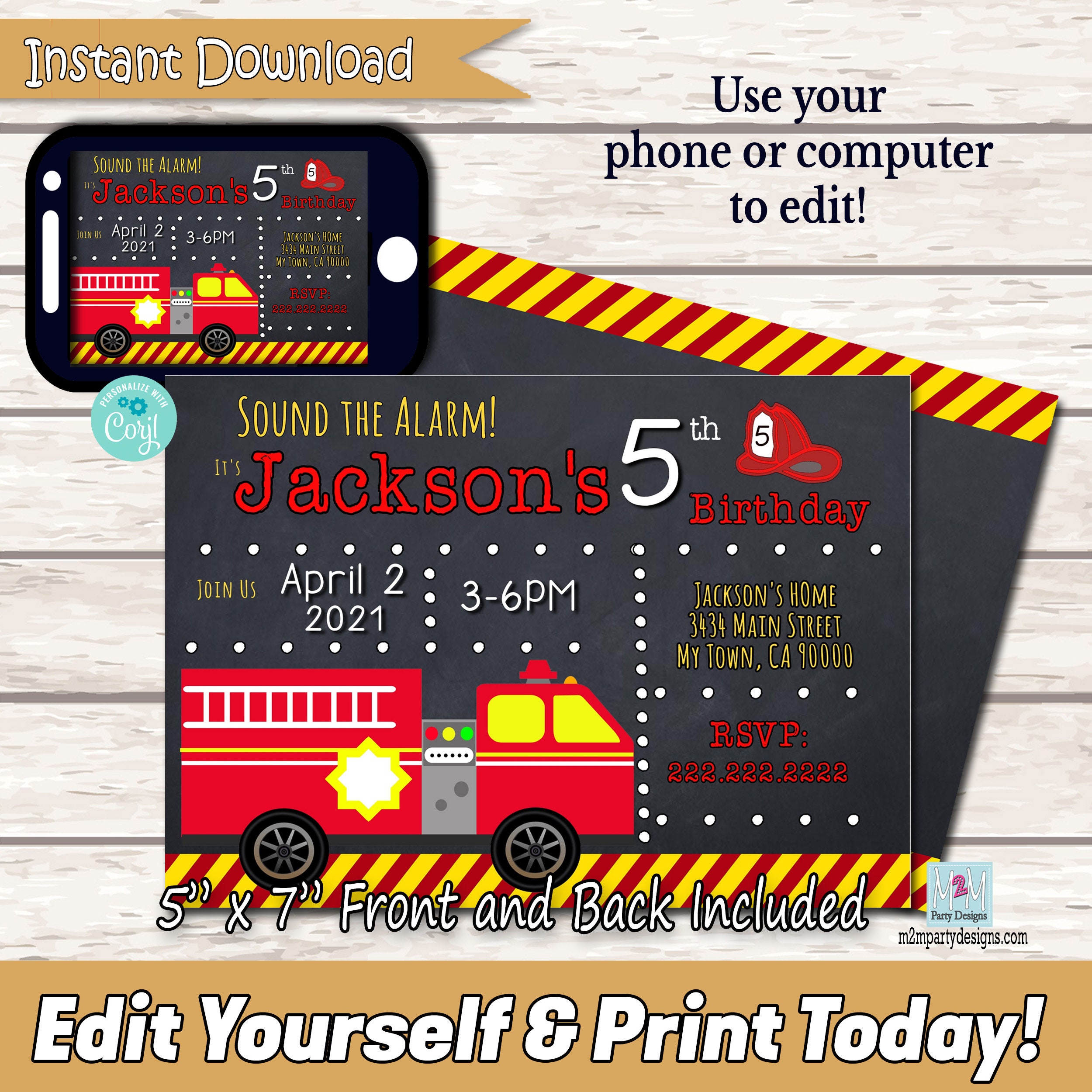 Fire Truck Birthday Invitation: Editable Firefighter Party (digital) - Etsy, image size:2500x2500