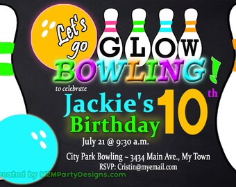 Glow Bowling Birthday Invitation  Personalized Printable Bowling Party Invites