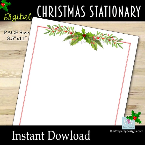 Printable Christmas Stationery Digital Download - 8.5x11 Instant Editable Christmas Letter Paper Christmas Holly with Red Berries