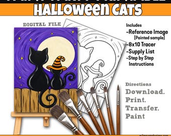 Halloween Cats DIY Paint Party Printables For Fall, Instant Download Template for Art Parties, Sip and Paint Party Canvas, Printable Stencil