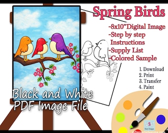 Birds on a Branch Paint Party | Spring Birds Acrylic Painting | Cherry Blossom Flowers | Beginner Friendly | Instant Download | Nursery Art