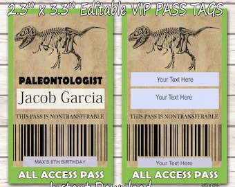 Dinosaur Party VIP Pass, Digital, Instant Download, SET of 9, EDITABLE Science Party Paleontologist Name Tag