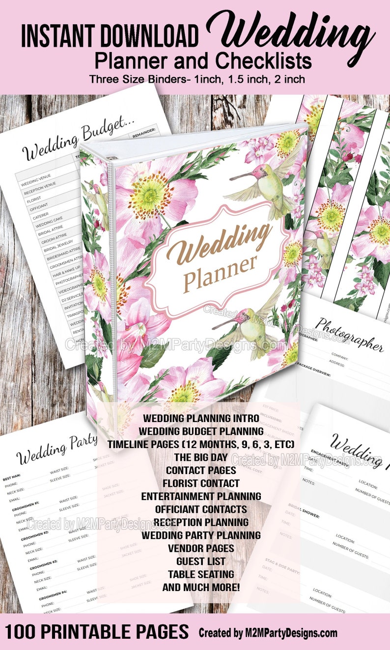 May include: A pink and green wedding planner binder with a hummingbird illustration on the cover. The binder includes 100 printable pages for planning a wedding, including a budget, timeline, guest list, and vendor contacts. The text on the cover reads "Wedding Planner" and "Created by M2MPartyDesigns.com".