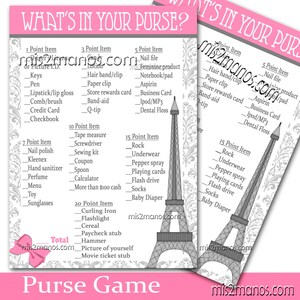 Paris Baby Shower Game What&#39;s in Your Purse Baby Shower Game, Shower Game  Digital Instant Download