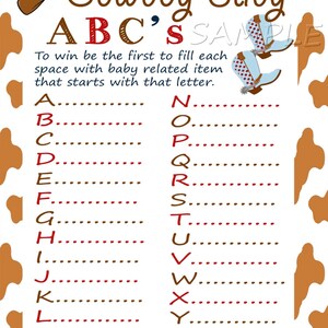 ABC Game Western Baby Shower Printable Baby Shower Game  Instant Download