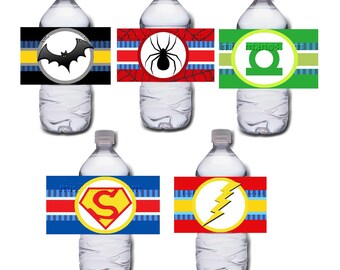 Superhero Logo Comic Book Water Bottle Wrapper Printable Digital Instant Download Superhero SET of 10