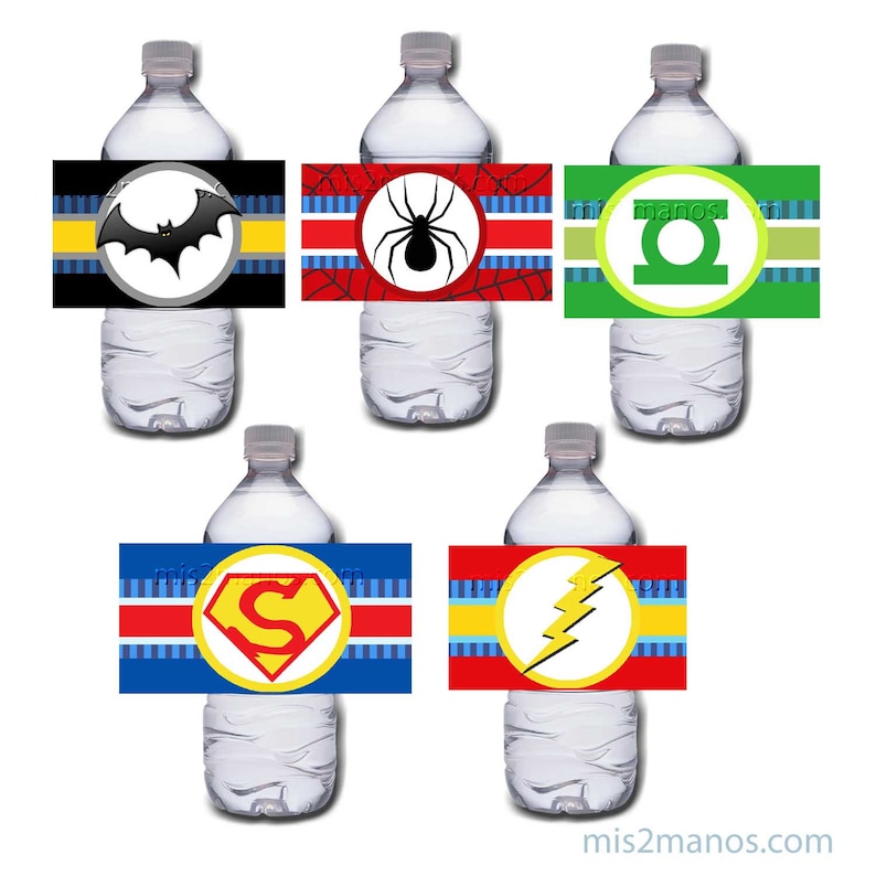 Superhero Logo Comic Book Water Bottle Wrapper Printable Digital Instant Download Superhero SET of 10 image 1