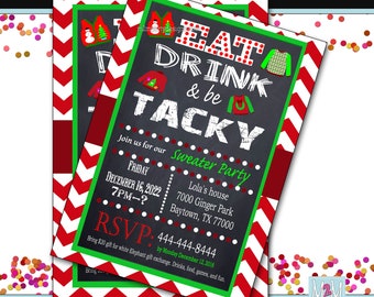 Tacky Sweater Party Invitation Chevron Red Chalkboard Uly Sweater Offfice Party Printable Personalized  Christmas Invitation