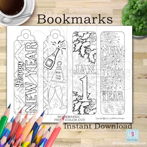 Happy New Year Bookmarks Coloring Bookmarks January 1 Bookmark, New Year coloring bookmarks, Printable bookmarks to color planner bookmark
