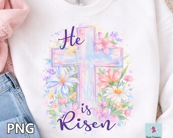 Floral Cross, He is Risen, Faith PNG, Jesus Shirt, Bible Verse PNG Instant Download, Christian Sublimation Design, Pastel Cross with Flowers