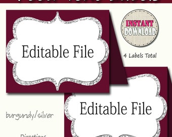 Food Tent, Printable Buffet Cards, Set of 4, EDITABLE Food Cards, Instant Download Silver and Burgundy Tent Cards, Buffet Cards, Food Labels