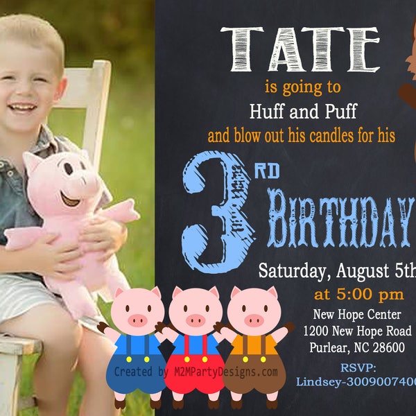 Three Little Pigs Invitation Big Bad Wold Invite Birthday Invitation DIGITAL