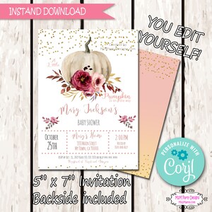Little Pumpkin Invitations Baby Shower, Birthday, Baby Girl, Fall Baby Shower, White Pumpkin,  Invites Printable DIY