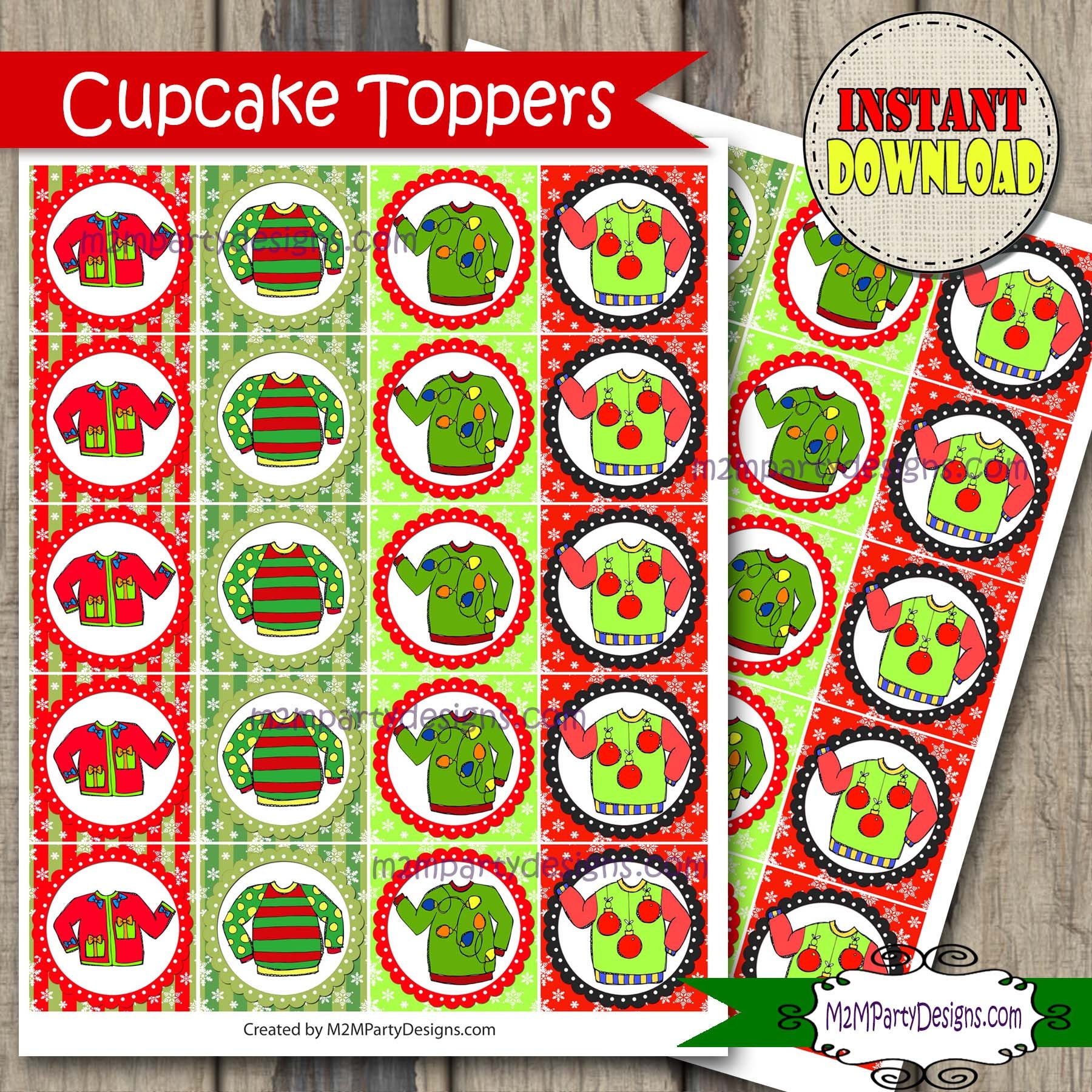 Ugly Sweater Party Cupcake Toppers Printable DIY Set of 20 Instant Download 4 Cupcake Wrappers