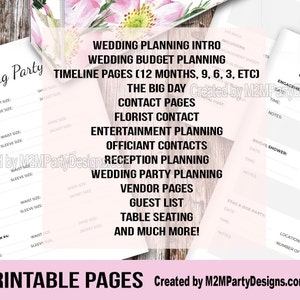 May include: A printable wedding planning checklist with 100 pages. The checklist includes sections for wedding budget planning, timeline pages, contact pages, entertainment planning, officiant contacts, reception planning, wedding party planning, vendor pages, guest list, table seating, and much more. The checklist is decorated with pink flowers.