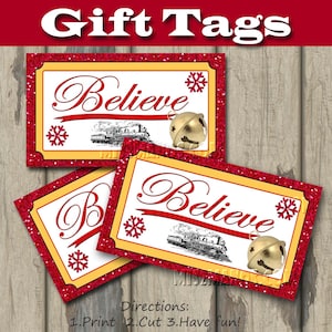 Believe Holiday Gift Tags -Christmas Tags Set of 10 Glitter Red Instant Download