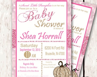 Pumpkin Baby Shower Invitation, Little Girl, Chevron, Pumpking Baby Shower Invites Mom-to-Be Party Printable lil pumpkin Pink baby shower