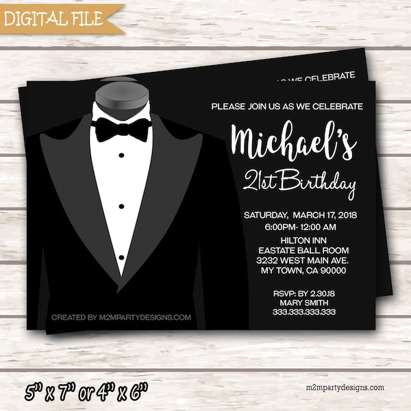 Black And White Any Age Birthday Invitation With Tuxedo. 5x7 invite. Black Tie Event. Prom Night,or Holiday Event PRINT at HOME