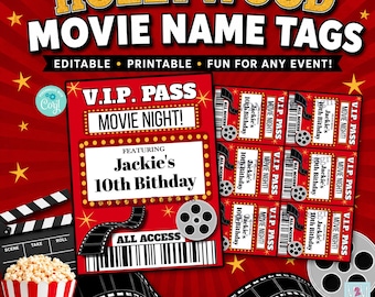 Hollywood Movie Name Tags Template, Editable VIP Badge, Red Carpet Party, Night Birthday Labels, Printable Event Tags