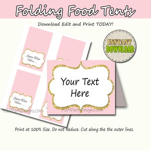 May include: Printable pink and gold food tent cards with a gold glitter border. The text on the card says "Your Text Here".