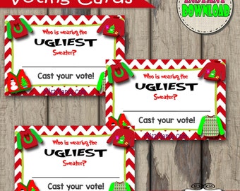 INSTANT DOWNLOAD Ugly Christmas Sweater Vote Cards - Set of 10  Rectangle 3.5 inches by 2 inches Instant Download Digital