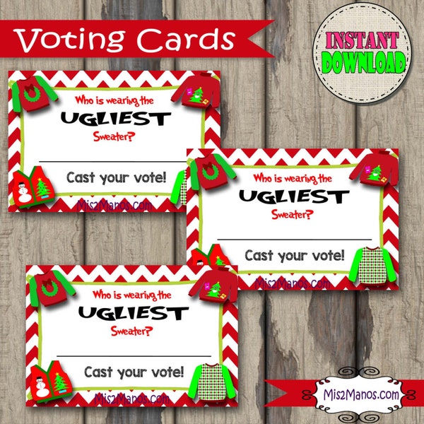 INSTANT DOWNLOAD Ugly Christmas Sweater Vote Cards - Set of 10  Rectangle 3.5 inches by 2 inches Instant Download Digital