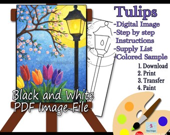Spring Paint Party | Cherry Blossom Lantern Acrylic Painting Tutorial | Tulip Garden Night Sky | Instant Download