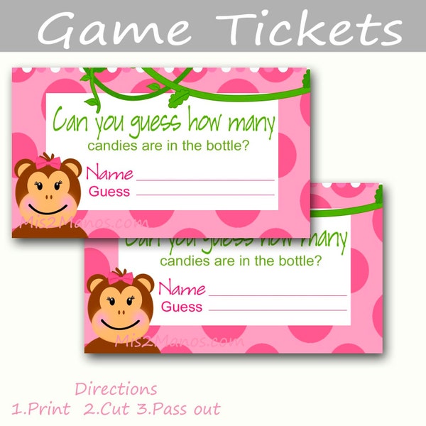 Girl Monkeys Candy Game Tickets Printables for Baby Girl Shower DIY hot pink green - ONLY digital file