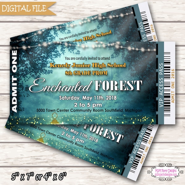 Enchanted Forest Prom Invitation With String Lights. Printable Ticket. Fairytale Themed Junior Or Senior Prom Night Invitations