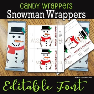 Könnte beinhalten: Druckbare Schokoladenriegel-Verpackungen mit Schneemann-Motiv und dem Text "Frohe Weihnachten!" in Rot und Schwarz. Die Verpackungen sind für die meisten Schokoladenriegel mit 1,55 oz geeignet.