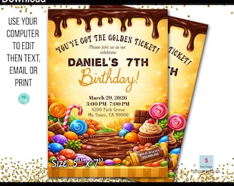 Chocolate Factory Birthday Invitation, Candy Theme Party Invite (Digital Download)
