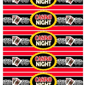 May include: Five printable labels with a red and black striped background. Each label features a yellow circle with the text "CASINO NIGHT" in red and black. The labels also feature a playing card and dice.