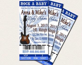 Rock and Roll Theme Baby Shower Printable Ticket Invitations, Printable Photo Card, DIY Baby Shower Ticket Cards