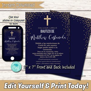 First Communion, Baptism Invitation Custom Party printable template, Royal Blue INSTANT DOWNLOAD editable pdf Invitacion de Comunion Bautizo
