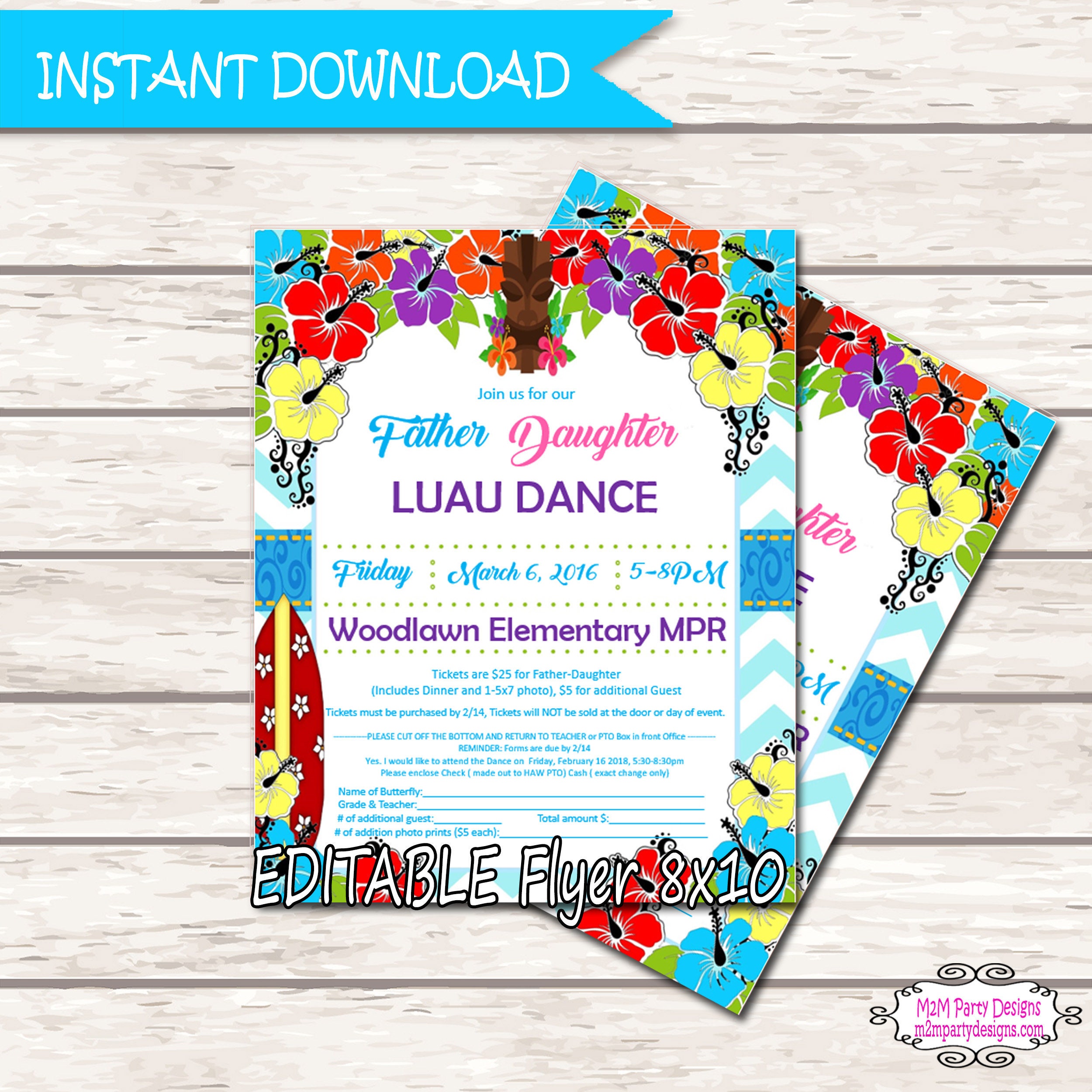 Invitación De Baile Padre Hija. Papá Hija LUAU Dance. Editable.