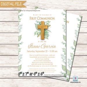 Invitations à la première communion, Primera Comunion- Feuilles et croix vertes, faites pour vous (Fichier numérique) Covid -19