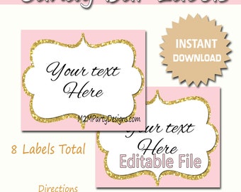 Candy Buffet Labels Pink, gold Print EDITABLE Card, Candy, Popcorn, Snack, Ice Cream, Cookie Buffet Labels, Instant Download